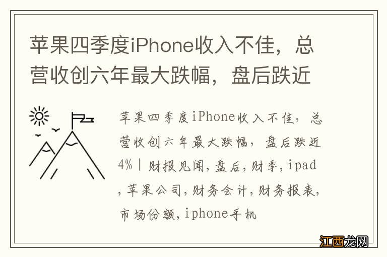 苹果四季度iPhone收入不佳，总营收创六年最大跌幅，盘后跌近4% | 财报见闻