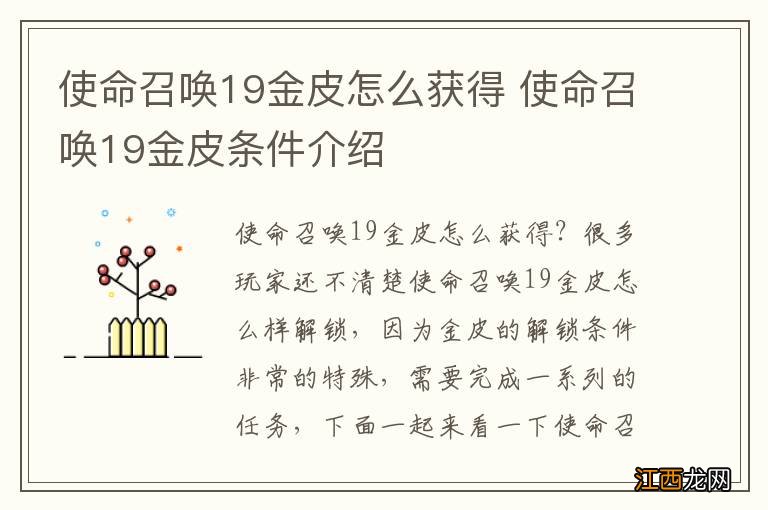 使命召唤19金皮怎么获得 使命召唤19金皮条件介绍