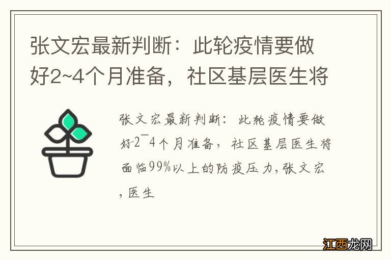 张文宏最新判断：此轮疫情要做好2~4个月准备，社区基层医生将面临99%以上的防疫压力