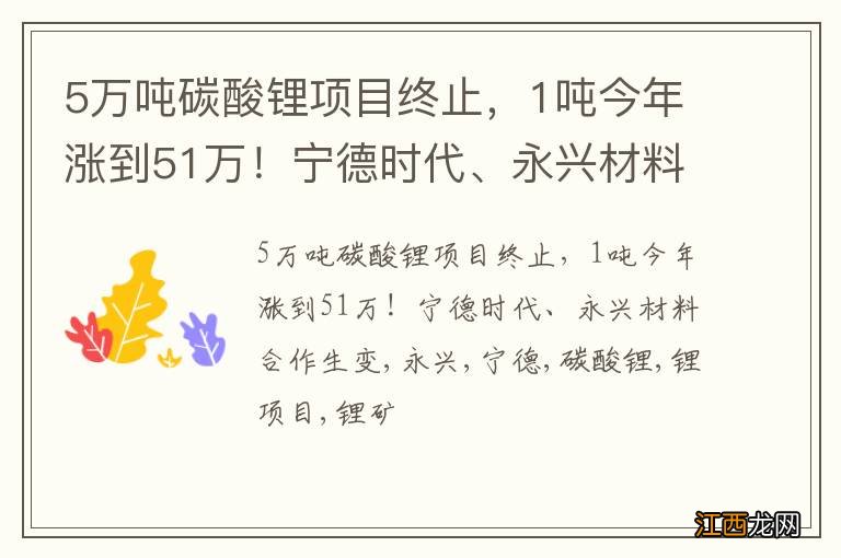 5万吨碳酸锂项目终止，1吨今年涨到51万！宁德时代、永兴材料合作生变