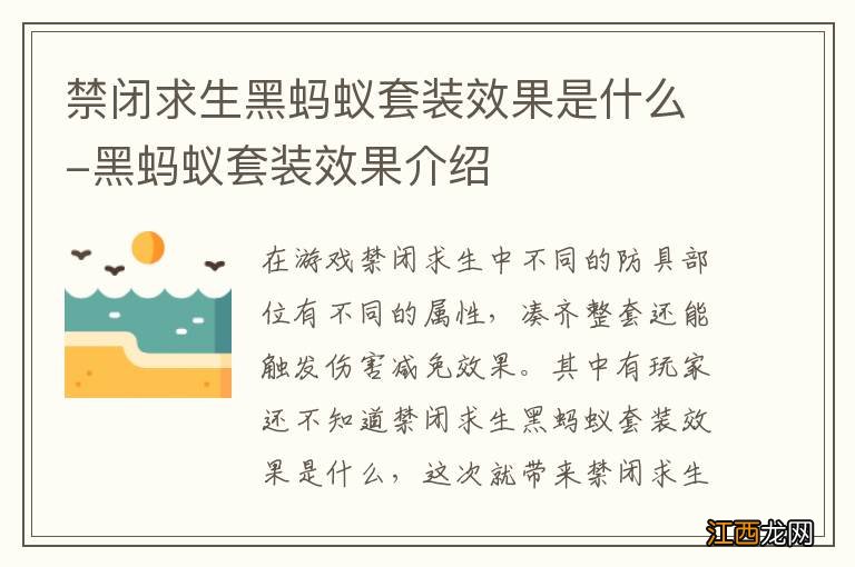 禁闭求生黑蚂蚁套装效果是什么-黑蚂蚁套装效果介绍