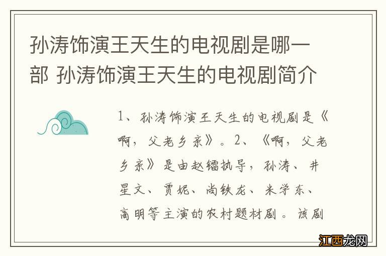 孙涛饰演王天生的电视剧是哪一部 孙涛饰演王天生的电视剧简介