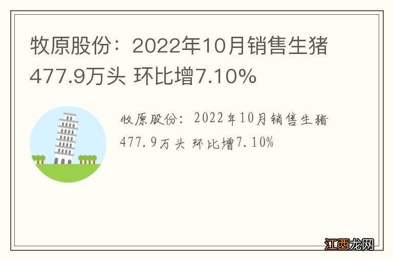 牧原股份：2022年10月销售生猪477.9万头 环比增7.10%