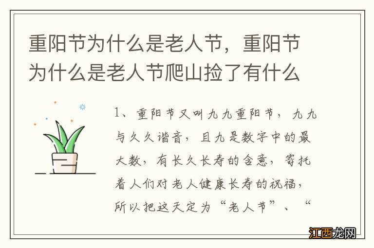 重阳节为什么是老人节，重阳节为什么是老人节爬山捡了有什么来历有什么说法