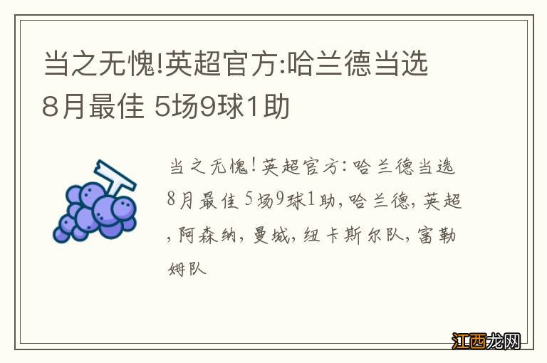 当之无愧!英超官方:哈兰德当选8月最佳 5场9球1助