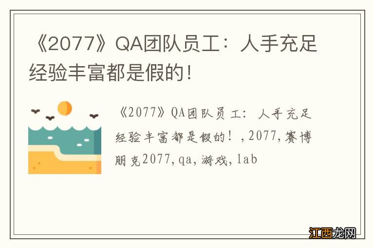 《2077》QA团队员工：人手充足经验丰富都是假的！