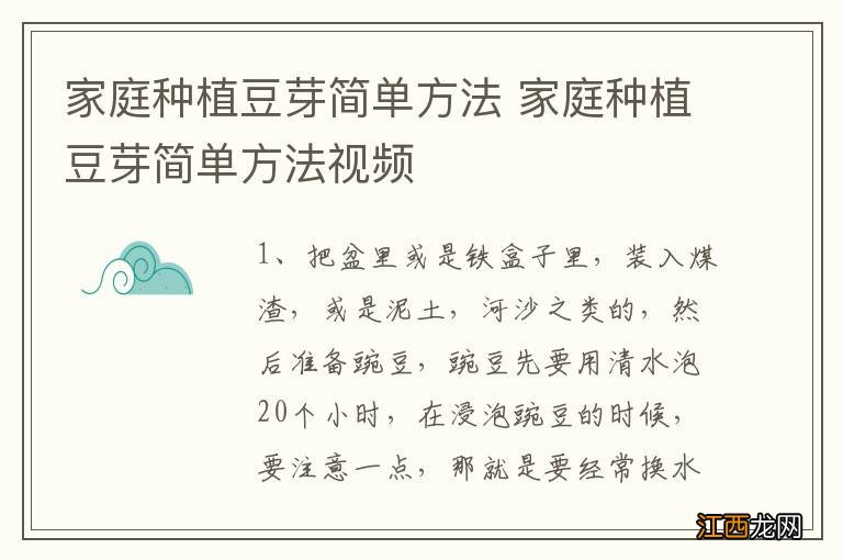 家庭种植豆芽简单方法 家庭种植豆芽简单方法视频