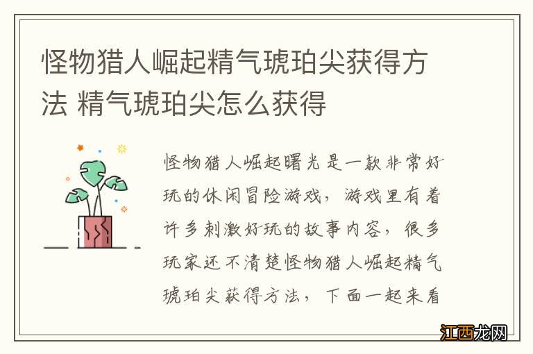 怪物猎人崛起精气琥珀尖获得方法 精气琥珀尖怎么获得