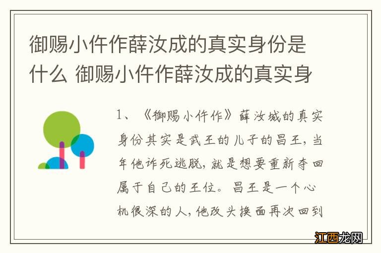 御赐小仵作薛汝成的真实身份是什么 御赐小仵作薛汝成的真实身份是谁