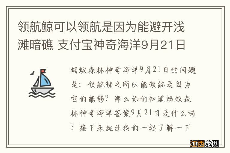 领航鲸可以领航是因为能避开浅滩暗礁 支付宝神奇海洋9月21日领航鲸最新答案