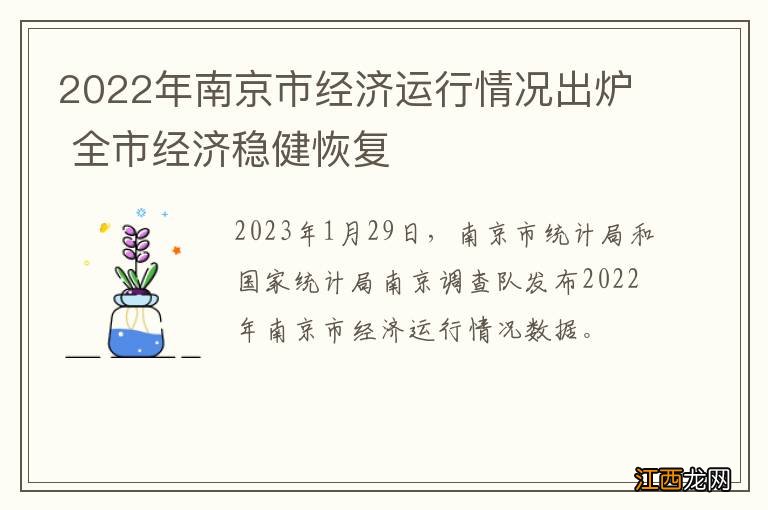 2022年南京市经济运行情况出炉 全市经济稳健恢复