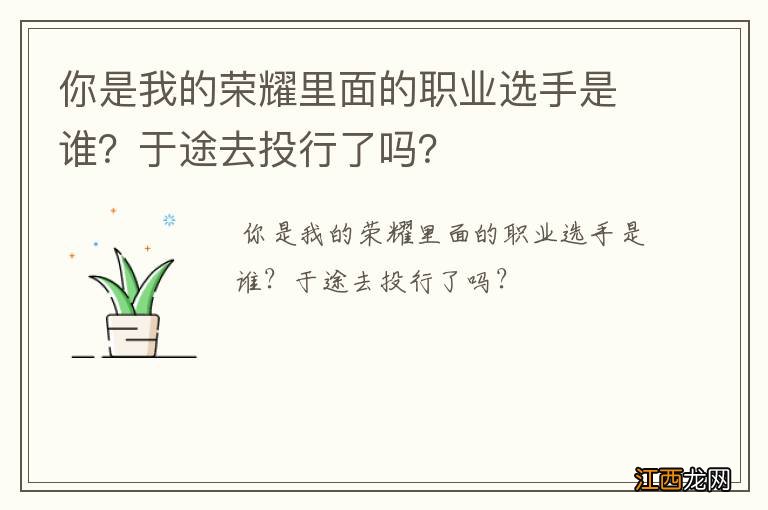 你是我的荣耀里面的职业选手是谁？于途去投行了吗？