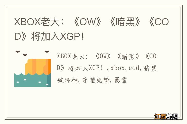 XBOX老大：《OW》《暗黑》《COD》将加入XGP！