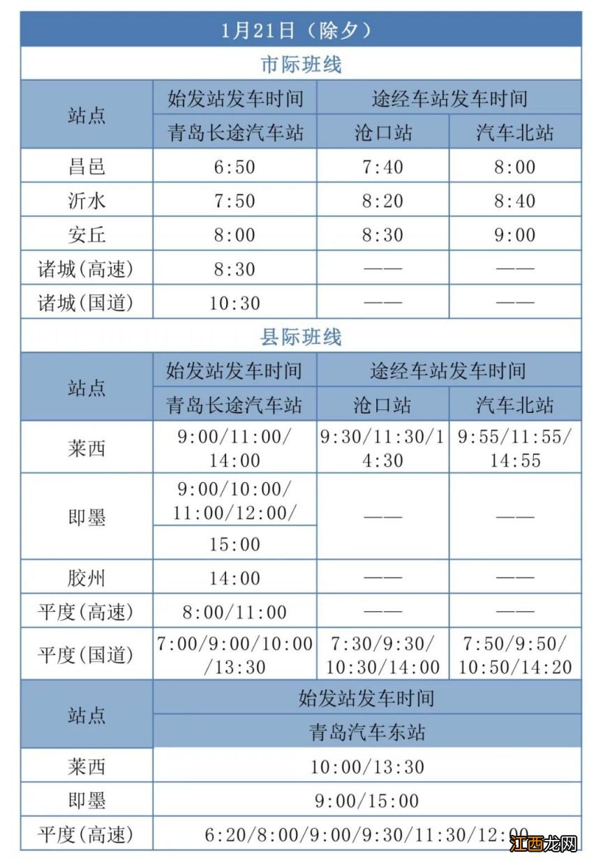 2023年青岛城运控股交运汽车总站春节假期班次计划