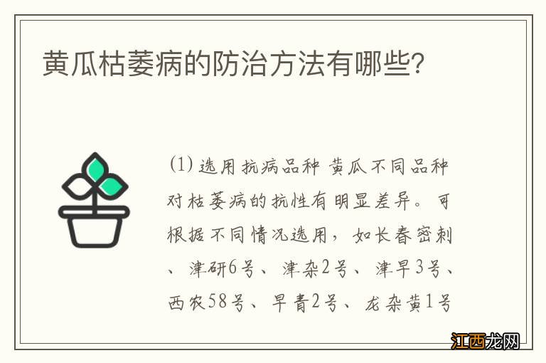 黄瓜枯萎病的防治方法有哪些？