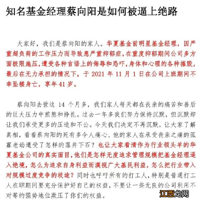 明星基金经理遗孀控诉：蔡向阳是如何被逼上绝路的