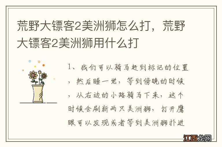 荒野大镖客2美洲狮怎么打,荒野大镖客2美洲狮用什么打