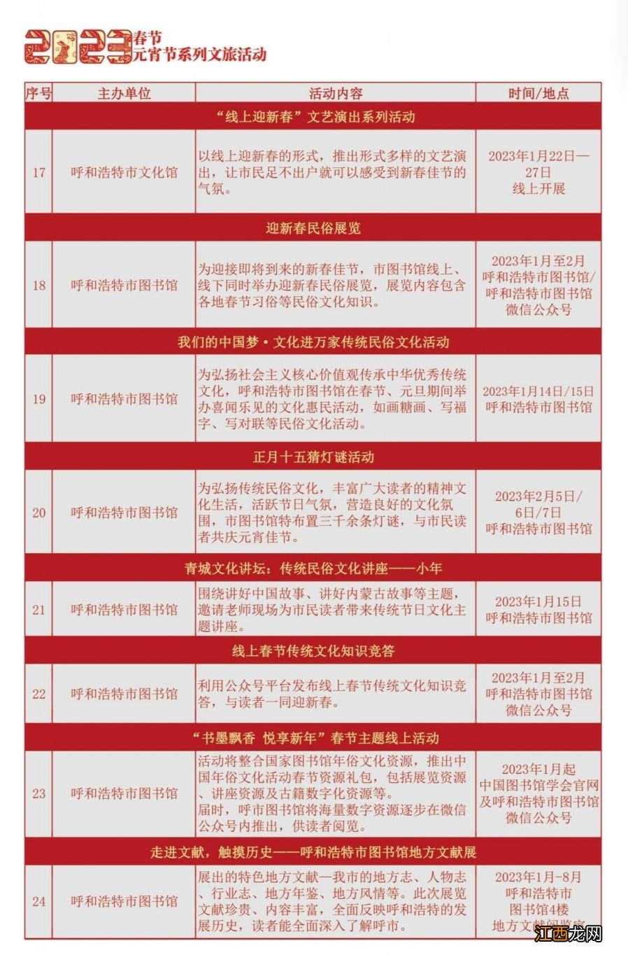 2023呼和浩特春节元宵节系列文旅活动一览表