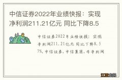 中信证券2022年业绩快报：实现净利润211.21亿元 同比下降8.57%