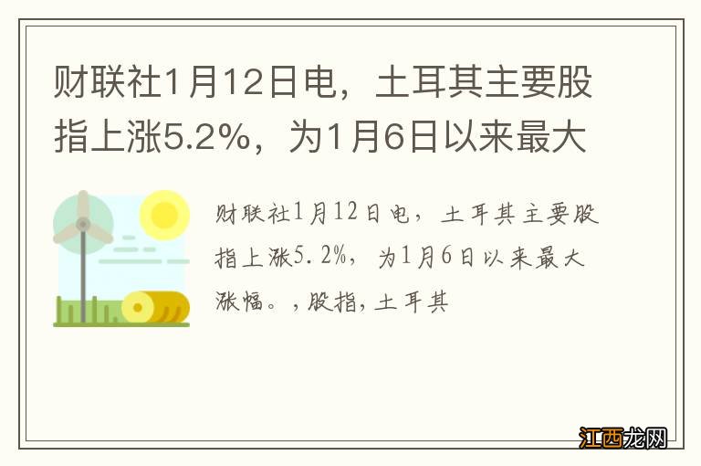 财联社1月12日电，土耳其主要股指上涨5.2%，为1月6日以来最大涨幅。