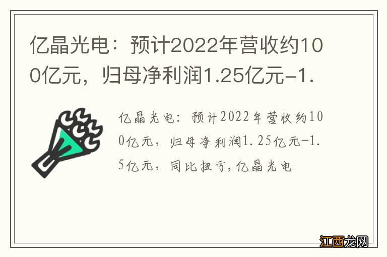 亿晶光电：预计2022年营收约100亿元，归母净利润1.25亿元-1.5亿元，同比扭亏