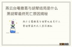 燕云台罨撒葛与胡辇结局是什么 萧胡辇最终死亡原因揭秘