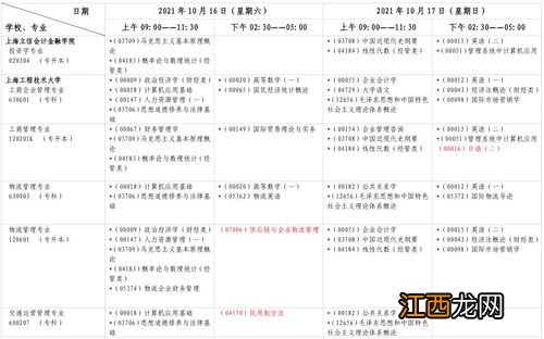 上海2021年10月自考各专业考试日程安排表