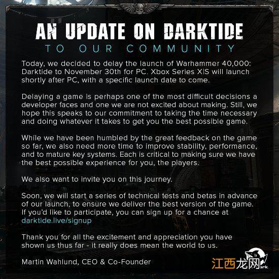 《战锤40K：暗潮》官宣跳票 推迟至11月30日发售
