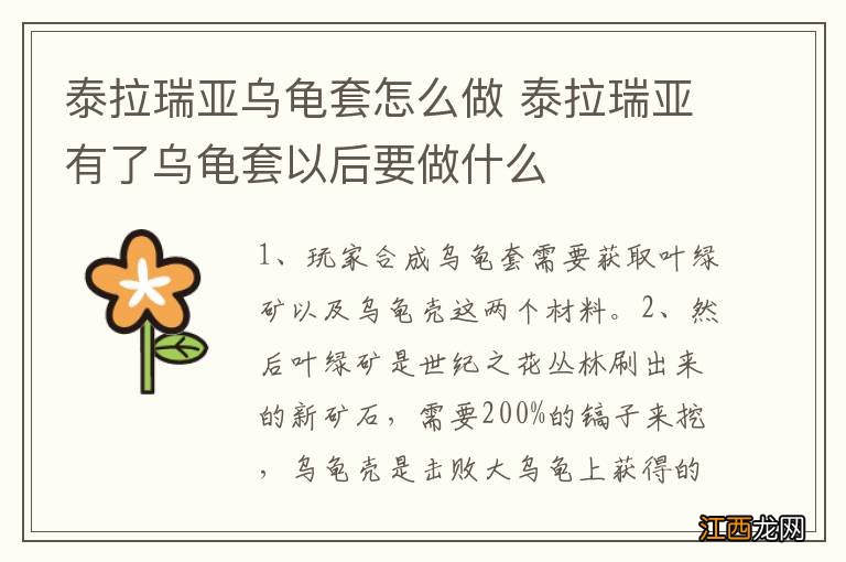 泰拉瑞亚乌龟套怎么做 泰拉瑞亚有了乌龟套以后要做什么