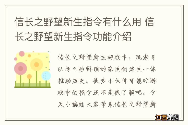 信长之野望新生指令有什么用 信长之野望新生指令功能介绍