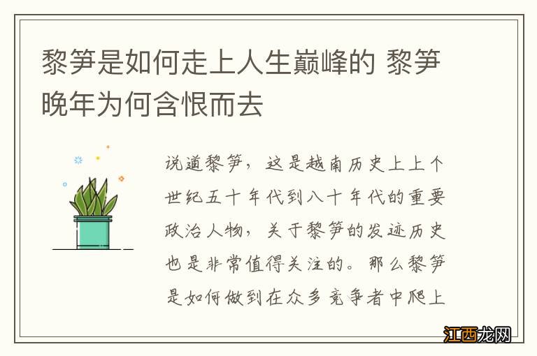 黎笋是如何走上人生巅峰的 黎笋晚年为何含恨而去