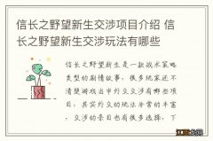 信长之野望新生交涉项目介绍 信长之野望新生交涉玩法有哪些