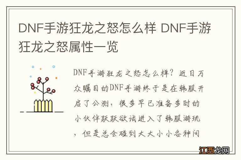 DNF手游狂龙之怒怎么样 DNF手游狂龙之怒属性一览