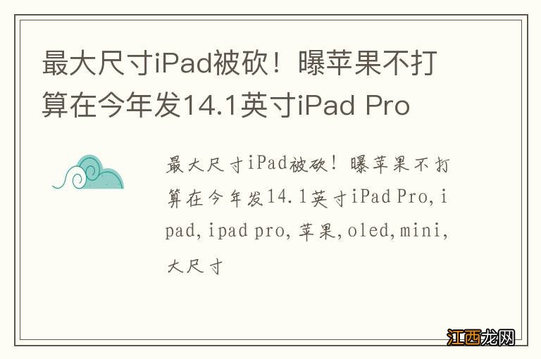 最大尺寸iPad被砍！曝苹果不打算在今年发14.1英寸iPad Pro