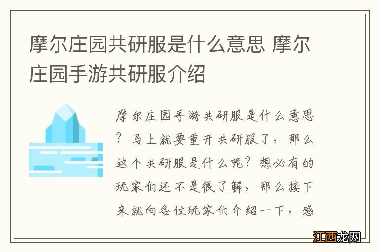 摩尔庄园共研服是什么意思 摩尔庄园手游共研服介绍