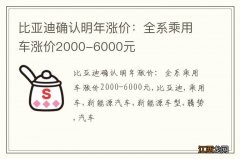 比亚迪确认明年涨价：全系乘用车涨价2000-6000元