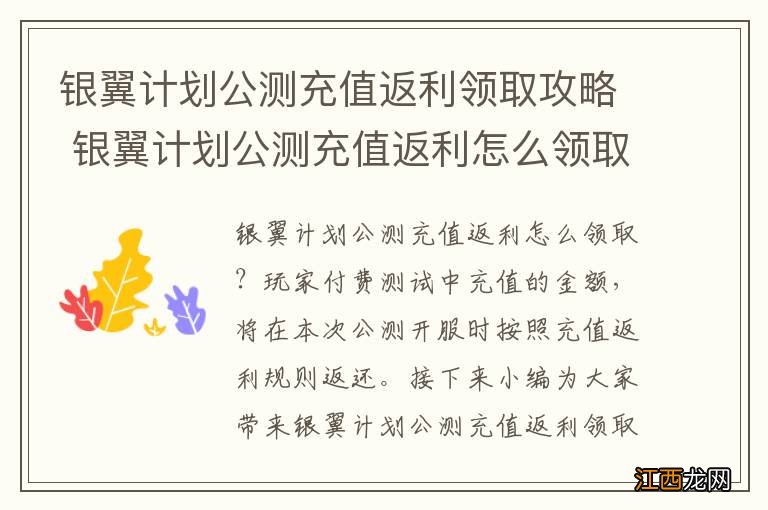 银翼计划公测充值返利领取攻略 银翼计划公测充值返利怎么领取