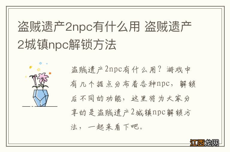 盗贼遗产2npc有什么用 盗贼遗产2城镇npc解锁方法