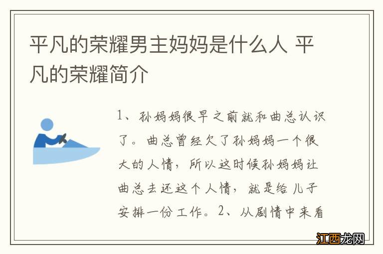 平凡的荣耀男主妈妈是什么人 平凡的荣耀简介