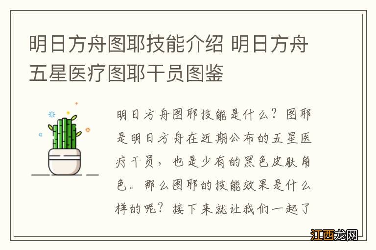 明日方舟图耶技能介绍 明日方舟五星医疗图耶干员图鉴