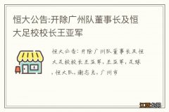 恒大公告:开除广州队董事长及恒大足校校长王亚军