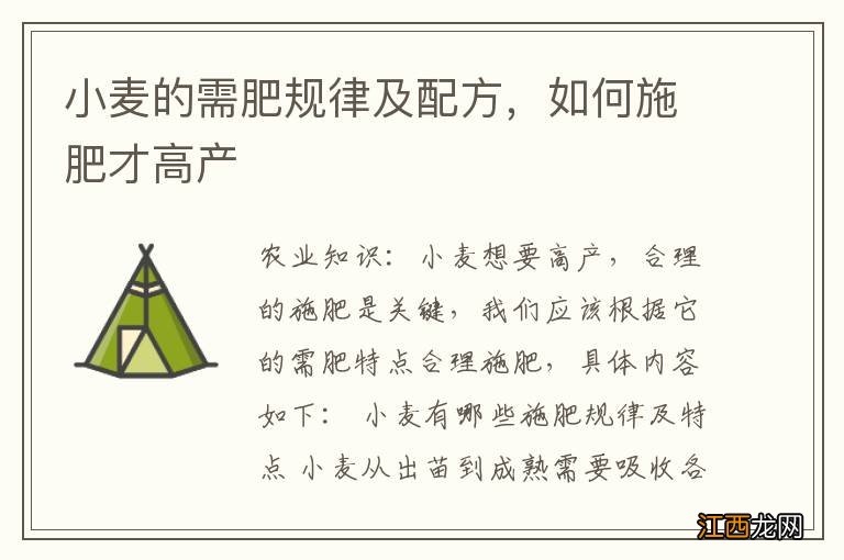 小麦的需肥规律及配方，如何施肥才高产