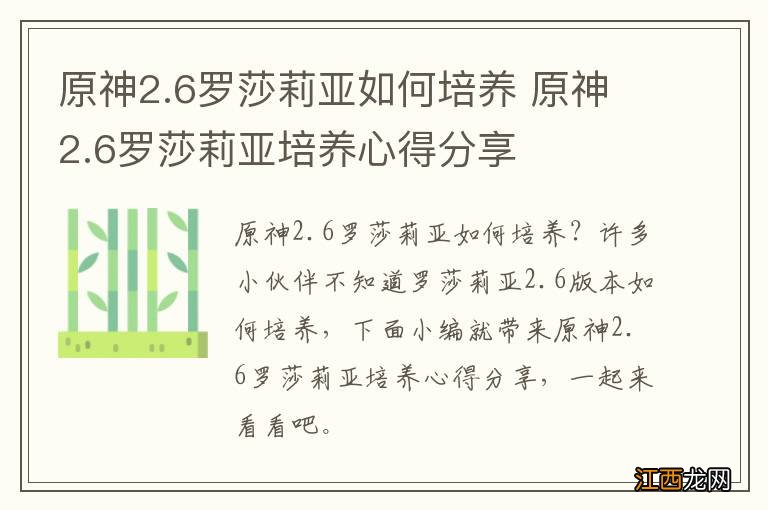 原神2.6罗莎莉亚如何培养 原神2.6罗莎莉亚培养心得分享