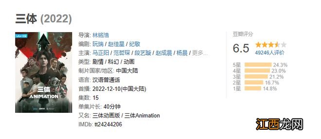 《三体》动画豆瓣评分下跌至 6.5,差评率达 65%