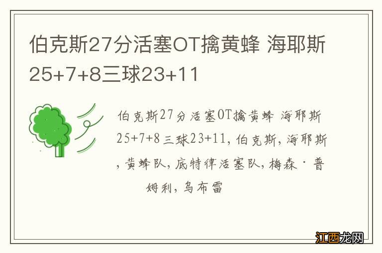 伯克斯27分活塞OT擒黄蜂 海耶斯25+7+8三球23+11