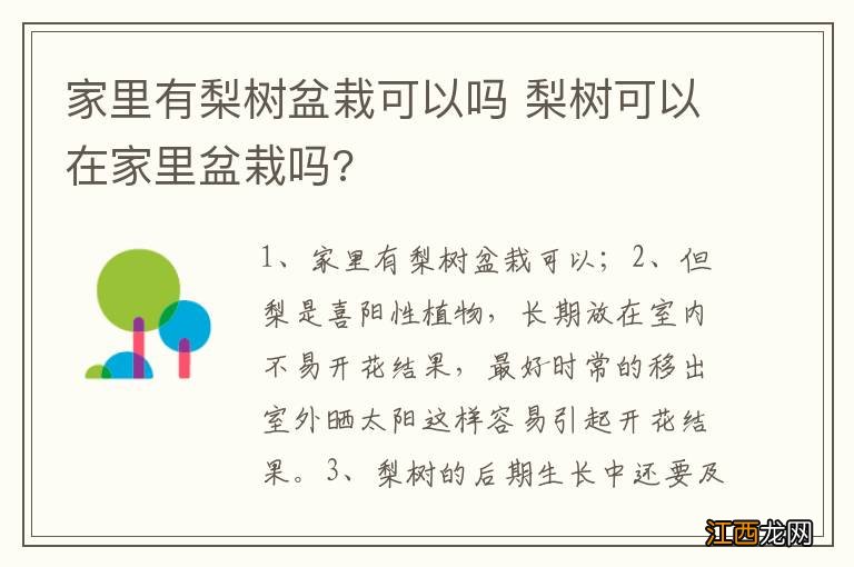 家里有梨树盆栽可以吗 梨树可以在家里盆栽吗?