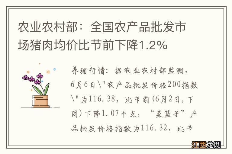 农业农村部：全国农产品批发市场猪肉均价比节前下降1.2%