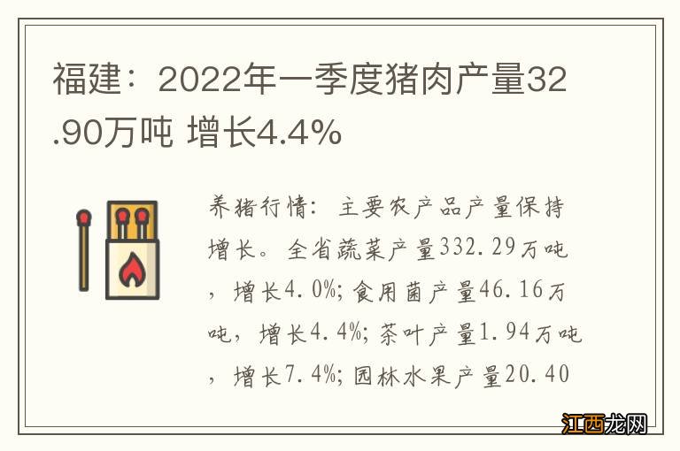 福建：2022年一季度猪肉产量32.90万吨 增长4.4%