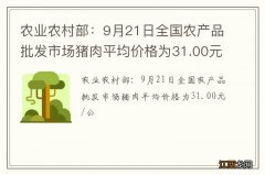 农业农村部：9月21日全国农产品批发市场猪肉平均价格为31.00元/公