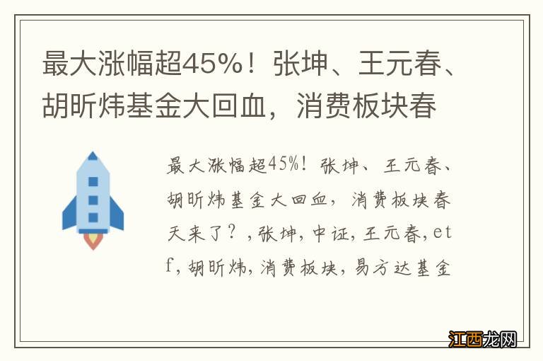 最大涨幅超45%！张坤、王元春、胡昕炜基金大回血，消费板块春天来了？